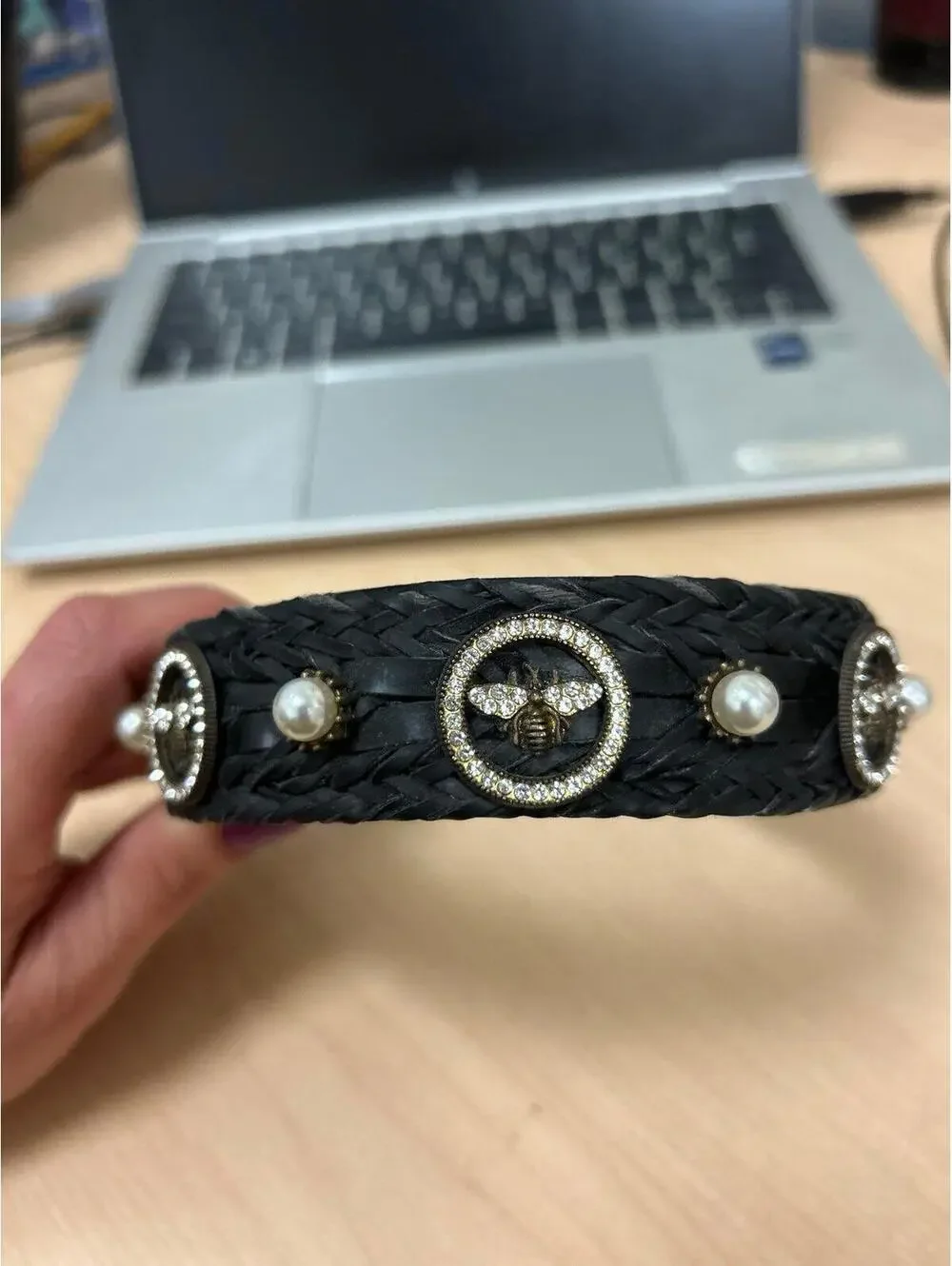 Headband with pearls, rhinestones, and bumblebees